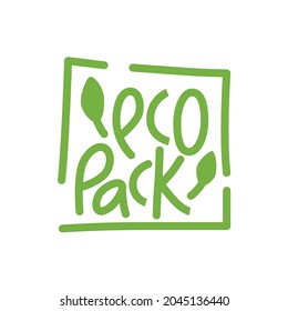 Eco pack handwritten sign of eco friendly, natural and organic labels for print packaging biodegradable, compostable, sustainable products. Lettering stock illustration isolated on white background. 