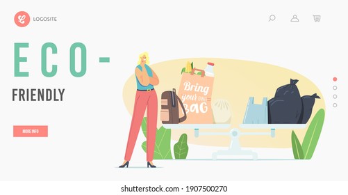 Eco Pack Landing Page Template. Thoughtful Tiny Female Character Stand at Huge Scales with Plastic and Eco Friendly Bags. Ecology Protection, Stop Planet Pollution. Cartoon Vector Illustration