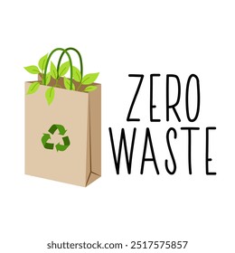 Paquete Eco. Una bolsa hecha de material reciclable. Cero desperdicios. Protección medioambiental. Producción sin residuos. Letras ecológicas. Ilustración de estilo plano sobre fondo blanco.
