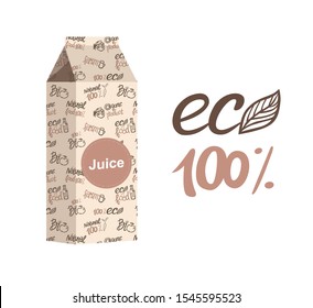 Eco package, mockup. Organic juice, vector illustration. Usage carton package instead plastic. Purchasing natural products and eco food. Bio packages and environmental problem of the Earth.