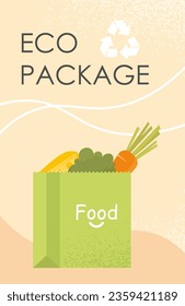 Eco package poster concept. Caring for environment and ecology. Recycling and reuse, zero waste lifestyle. Natural and organic products in package. Cartoon flat vector illustration