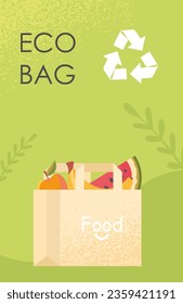 Eco package poster concept. Caring for environment and ecology. Sustainable lifestyle and care about nature. Natural and organic products in bag. Cover or banner. Cartoon flat vector illustration