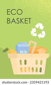 Concepto de póster de paquete ecológico. El cuidado del medio ambiente y la ecología, reduciendo la emisión de residuos nocivos a la atmósfera. Productos naturales y orgánicos en canasta. Dibujo vectorial plano de dibujos animados