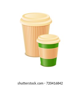 Eco package take away glasses made of paper vector illustration isolated on white. Coffee or tea transparent containers of rough cardboard