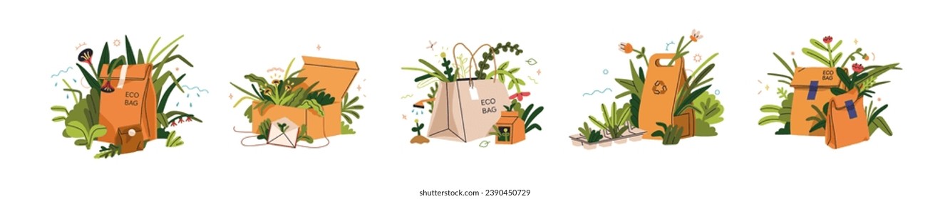 Eco packages set. Paper shopping bag, kraft box. Organic recycled biodegradable packs. Ecologic sustainable reusable wraps, delivery sacks. Flat vector illustrations isolated on white background