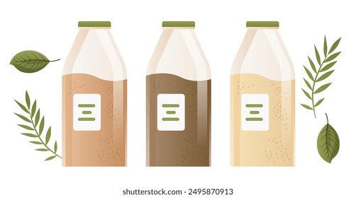 Eco packaging bottles with leaves natural themed design three bottles with green caps and labels surrounded by green leaves on white background