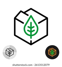 Eco packaging box icon with cardboard pack and green leave line style symbol. Ecology theme 3D box cube. Editable stroke.