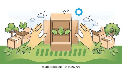 Eco packaging and ecological parcel material choice outline hands concept. Biodegradable box for order fulfilling and packing vector illustration. Waste reduction with nature friendly solutions.