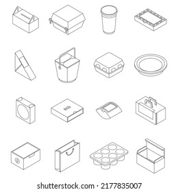 Conjunto de iconos de empaque ecológico. Conjunto isométrico de iconos vectoriales de empaque ecológico contorno de línea delgada en blanco aislado