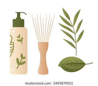 Eco packaging items collection with leaves and natural elements beige bottle wooden brush green foliage minimalistic design