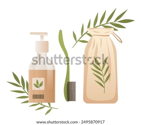 Eco packaging items collection with leaves illustration featuring a soap dispenser a toothbrush and a drawstring bag with green leaves accents