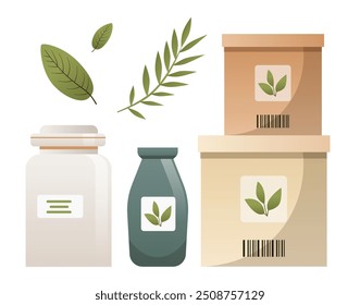 Eco packaging items with leaves and containers organic product packaging design green foliage minimalist style