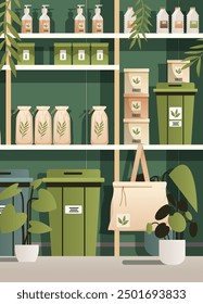 Artículos de embalaje ecológico en estantes con plantas en un entorno de tienda minimalista con botellas, frascos, contenedores y bolsas en tonos verdes y beige