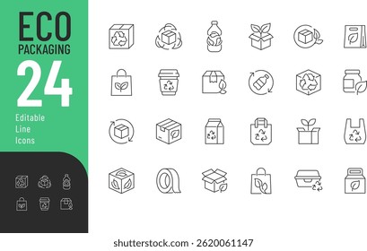 Eco Packaging Line Editable Icons set. Vector illustration in modern thin line style of ecology related icons: recyclable and biodegradable boxes, bottles, bags, and more. Isolated on transparent back