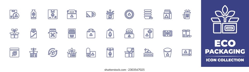 Eco packaging line icon collection. Editable stroke. Vector illustration. Containing package box, packaging, delivery box, eco packaging, organic, recycle, waste bin, sustainable, bag, package, box.