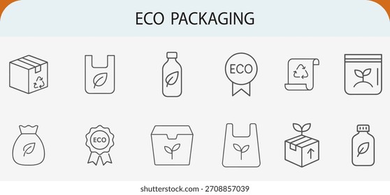 Conjunto de iconos de línea de embalaje ecológico, biodegradable, reciclaje, Vector de materiales sostenibles.