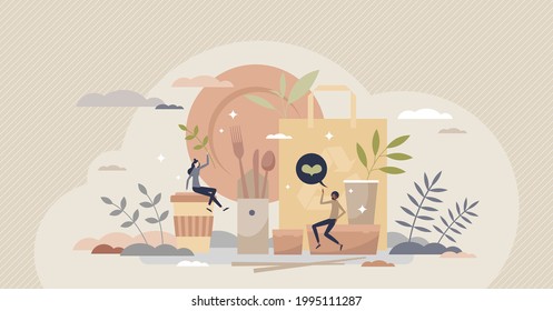 Eco Packaging And Natural Food Boxes For Take Away Tiny Person Concept. Environmental And Nature Friendly Solution To Reduce Plastic Usage Vector Illustration. Cardboard And Paper Bags Or Containers.