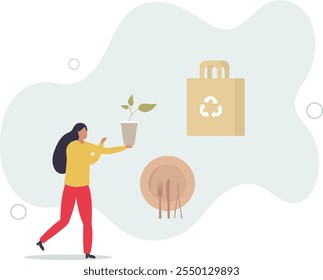 Embalagem ecológica e caixas de alimentos naturais para levar embora.Solução ecológica e ecológica para reduzir o uso de plástico.caracteres planos.