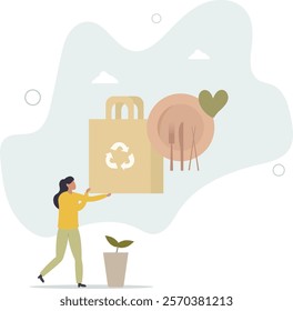Eco packaging and natural food boxes for take away.Environmental and nature friendly solution to reduce plastic usage.flat characters.