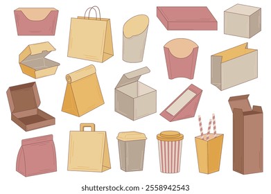 Eco packaging set elements in flat graphic design. Collection of brown cardboard and paper delivery boxes, bags, cups, straws, food containers and packs, take away packets, other. Vector illustration.