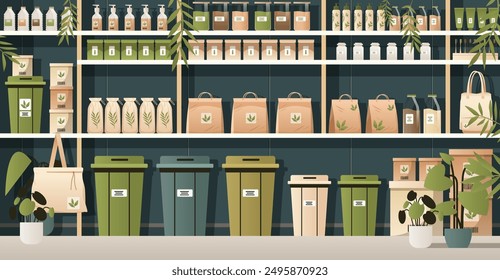 Eco packaging store interior shelves with various containers bins bags bottles plants green beige colors