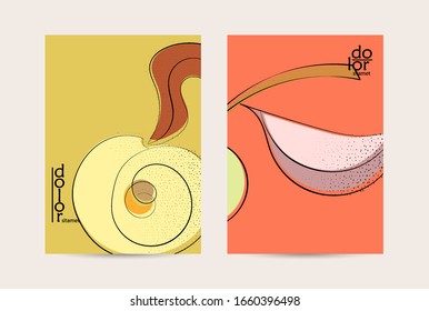 Eco packaging vector design. Fruit logo with flat colors and grunge texture. Doodle drawing vegetable healthy food. Vegan bolt sketch poster. Summer organic fresh concept.