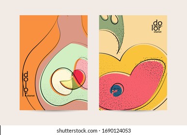 Eco packaging vector design. Fruit logo with flat colors and grunge texture. Doodle drawing vegetable healthy food. Vegan bolt sketch poster. Summer organic fresh concept.