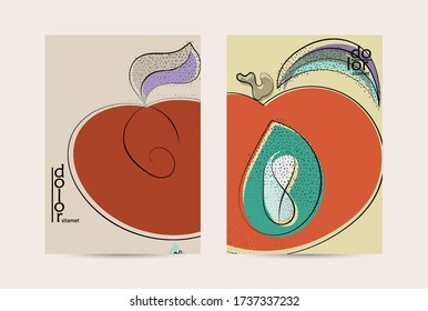 Eco packaging vector design. Fruit logo with flat colors and grunge texture. Doodle drawing vegetable healthy food. Vegan bolt sketch poster. Summer organic fresh concept.