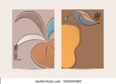 Eco packaging vector design. Fruit logo with flat colors and grunge texture. Doodle drawing vegetable healthy food. Vegan bolt sketch poster. Summer organic fresh concept.
