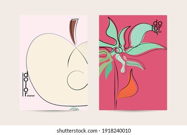 Eco packaging vector design. Fruit logo with flat colors and grunge texture. Doodle drawing vegetable healthy food. Vegan bolt sketch poster. Summer organic fresh concept.