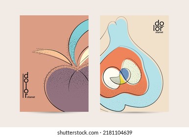 Eco packaging vector design. Fruit logo with flat colors and grunge texture. Doodle drawing vegetable healthy food. Vegan bolt sketch poster. Summer organic fresh concept.