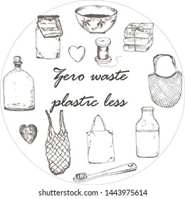 Eco packaging and zero waste sketch. Zero waste vector illustration EPS 10. Go green, ecological, no plastic, save the planet for ecology. Recycle bamboo and cannabis bags and toothbrush.