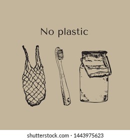 Eco packaging and zero waste sketch. Zero waste vector illustration EPS 10. Go green, ecological, no plastic, save the planet for ecology. Recycle bamboo and cannabis bags and toothbrush.