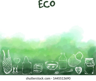 Eco packaging and zero waste sketch. Zero waste vector illustration EPS 10. Go green, ecological, no plastic, save the planet for ecology. Recycle bamboo and cannabis bags and toothbrush.
