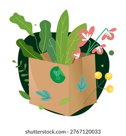 Eco packing bag filled with green plants in flat style on white backdrop, symbolizing sustainability. Vector illustration