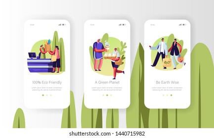 Eco Packing Mobile App Page Onboard Screen Set Concept for Website or Web Page, People Stand in Queue with Reusable Packaging in Hands, Characters Visit Open Air Store Cartoon Flat Vector Illustration