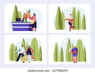 Eco Packing Set. People Visiting Open Air Store. Male and Female Characters Use Eco Package for Shopping Happy of Purchases and Bought, Ecology Protection Concept. Cartoon Flat Vector Illustration