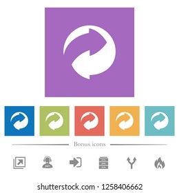 Eco packing symbol flat white icons in square backgrounds. 6 bonus icons included.