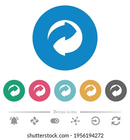Eco packing symbol flat white icons on round color backgrounds. 6 bonus icons included.