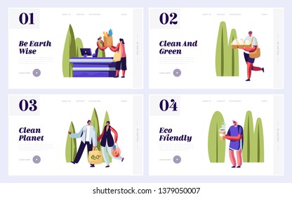 Eco Packing Website Landing Page Templates Set. People Using Eco Packing for Shopping and Purchases in Grocery Store, Ecology Protection Concept Web Page. Cartoon Flat Vector Illustration, Banner