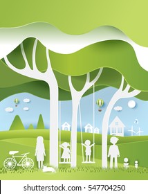 eco paper art design style,  tree and family  with nature.vector illustration
