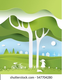 eco paper art design style,  tree and family  with nature.vector illustration
