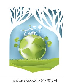 eco paper art design style,  tree and family  with nature.vector illustration
