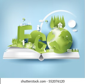 eco paper art design style, tree and family with nature.vector illustration