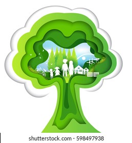 eco paper art design style, tree and family with nature.vector illustration
