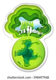 eco paper art design style, tree and family with nature.vector illustration