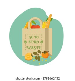 Eco paper bag with element go to zero waste, with fruits and vegetables. Organic products from the farm. Food concept, vector cartoon illustration.