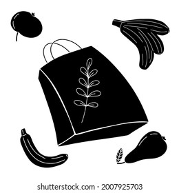 Eco paper bag for fresh fruits in black for any color change, vegetables buying, ecology friendly shopping, handbag for purchases and grocery. Hand drawn vector illustration