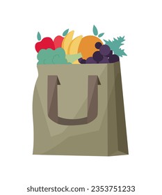 Eco paper bag full of fruit and vegetables (apple, broccoli, grape, orange, banana). Modern shopping bag with fresh organic food from local market isolated on white background.