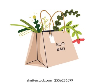 Eco paper bag with green leaf plants inside. Natural recyclable biodegradable reusable package. Zero-waste plastic-free shopping concept. Flat vector illustration isolated on white background